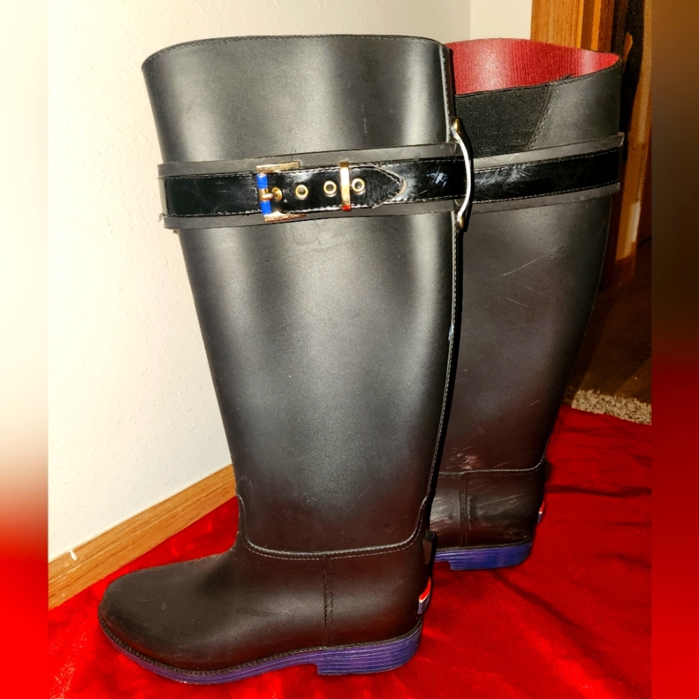 Black Tommy Hilfiger, knee-high rain boots, size 8